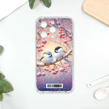 TRON IPhone 15 PRO 莓果雪之妖精銀喉長尾山雀 四角防摔載具殼 軟殼 手機殼