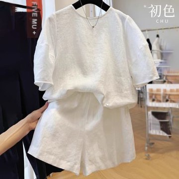 初色 簡約亞麻風素色寬鬆圓領短袖T恤上衣女上衣+鬆緊腰闊腿短褲休閒褲套裝-共2色-13746(M-2XL可選)