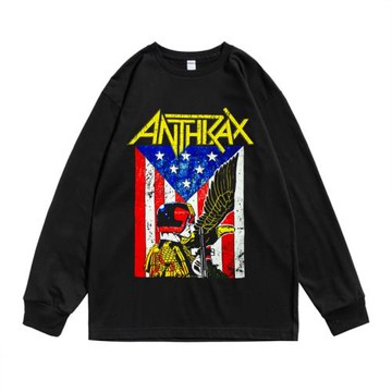 歐美硬核朋克Anthrax炭疽樂隊鞭笞金屬印花長袖T恤寬松版男女同款
