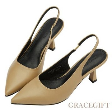 【Grace Gift】俐落經典尖頭後空細跟鞋 卡其