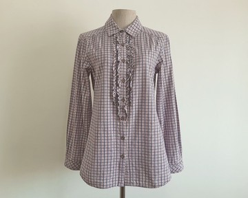 HUSH PUPPIES 復古紅、白、灰格紋襯衫 女款荷葉邊棉質上衣 XS