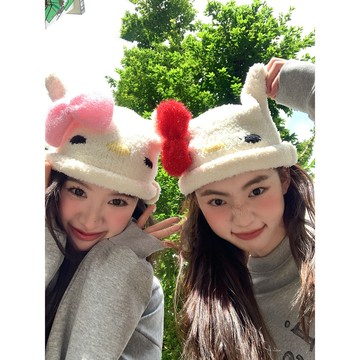 馨幫幫 蝴蝶結貓咪針織帽秋冬加厚保暖可愛毛絨帽顯臉小套頭帽女