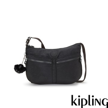 Kipling 曜岩黑品牌經典圓標雙拉鍊前袋肩背包-IZELLAH