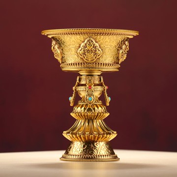 酥油燈座黃銅八吉祥燭臺室內桌擺件民族風家居裝飾品高腳長明燈座