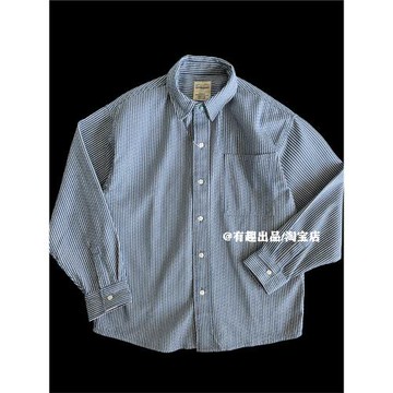 巨帥藍條紋日系潮牌重磅復古水洗翻領牛仔襯衫男加厚工裝咔嘰外套