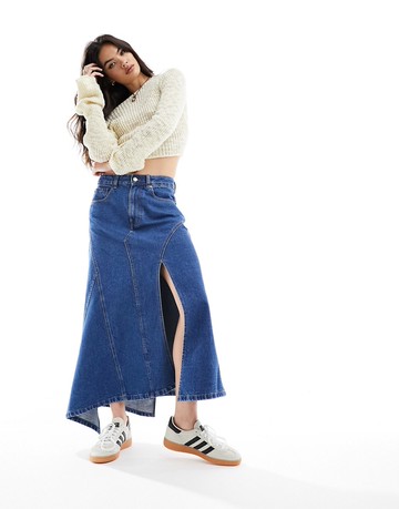 ASOS DESIGN 'DECONSTRUCTED' denim midi skirt in midwash blue