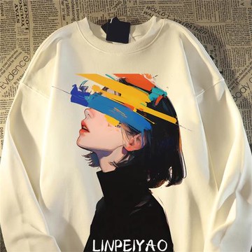 美式復古人像印花圓領衛衣男女春秋款寬松慵懶風chic潮牌情侶外套
