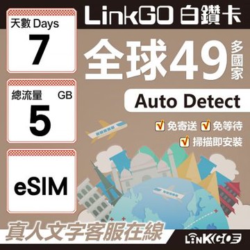 LINKGO白鑽卡 全球49國 eSIM卡 7天上網卡 總流量5GB(全球網卡 亞洲 歐洲 美洲 大洋洲 非洲)