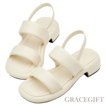【Grace Gift】夏日微風澎澎雙帶雲感厚底涼鞋 米白