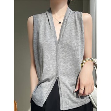 法式細羊毛針織馬甲開衫女夏新款V領內搭外穿無袖吊帶背心T恤上衣