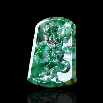 【龍行天下】辣綠花青翡翠精雕龍牌 | 天然緬甸玉翡翠A貨 | 送禮
