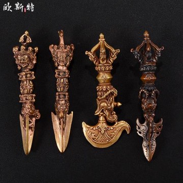 歐斯特 普巴金剛寶杵 家用尼泊爾手工紫銅銅鎏金龍頭金剛寶橛擺件