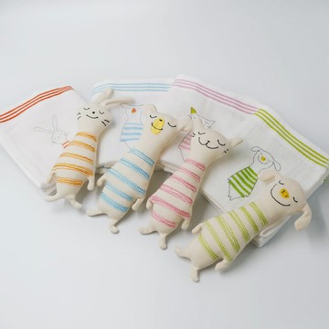 日本kontex 日本純棉彩紋安撫玩偶/方巾組合 (4色) - 玩偶-藍色