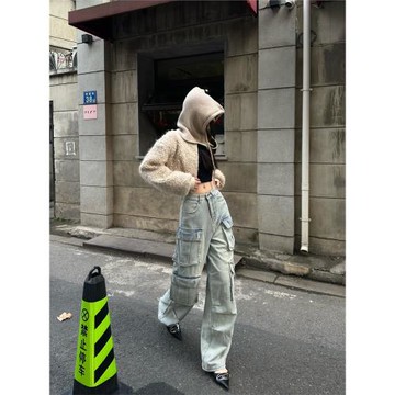 Tristine新款美式復古百搭闊腿多口袋高腰工裝牛仔褲拖地褲