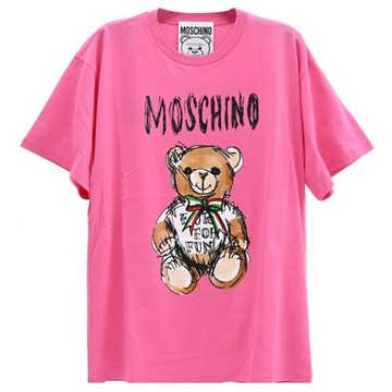 MOSCHINO 滿版小熊燙印插畫LOGO棉質寬版短T恤.桃粉