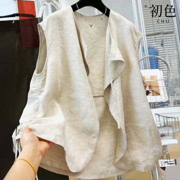 初色 簡約純色垂墜領綁帶無袖棉麻風抽繩下擺坎肩馬甲背心女背心-麻色-50287(M-2XL可選)