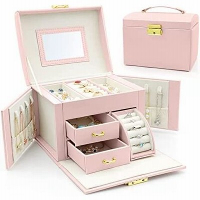 MUEUSS ジュエリー オーガナイザー ボックス ガールズ レディース 理想的なギフト、旅行用 ポータブル ジュエリー ケース ミラーとロック付き ネックレス イヤリ