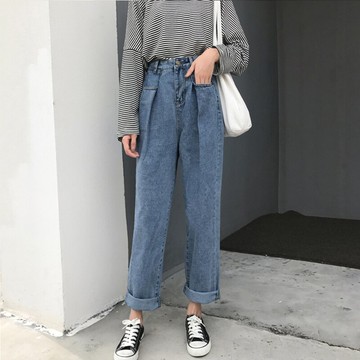 寬松百搭牛仔褲女春秋新款韓版高腰顯瘦闊腿褲學生長褲子潮1入