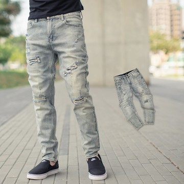 【NB1718J】洗舊刷色抽鬚無破補丁小直筒牛仔褲(MW-YC6103)