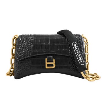 BALENCIAGA 巴黎世家 689121 Downtown XS 質感鱷魚壓紋翻蓋肩斜背包.黑金
