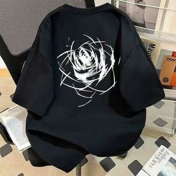 美式嘻哈復古塗鴉玫瑰印花純棉短袖t恤男女夏季潮牌寬鬆百搭上衣