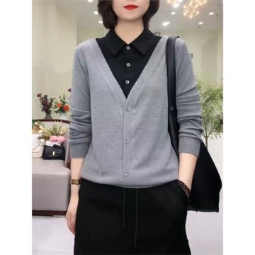 三桔2025秋季長袖襯衫領假兩件打底衫t恤媽媽裝洋氣針織衫上衣XL