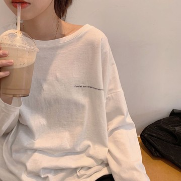 秋季新款寬松長袖白色T恤女裝百搭網紅上衣學生套頭打底衫潮1入