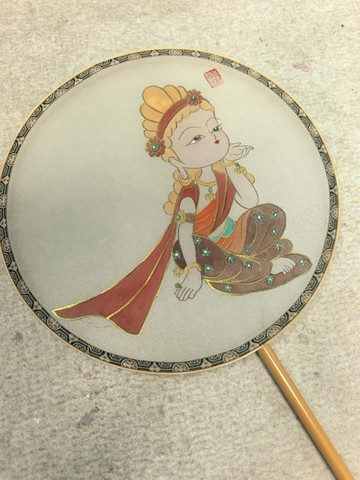 手作小菩薩絹扇 仿古多彩佛教題材真絲團扇 敦煌唐卡禪意中國畫