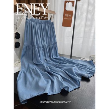 高品。牛貨天絲垂感牛仔裙拼接蛋糕A字蓬蓬半身裙子中長款歐貨薄