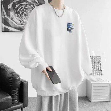 台灣出貨 大尺碼男裝M-8XL 大學T長袖男上衣 韓系簡約風 藍色方標圖案 換季休閒穿搭 低調印花 寬版套頭設計 BPR