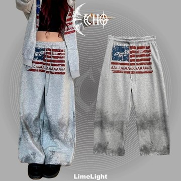 ☆LimeLight☆ ECHO 噴漆 刷舊 美國 國旗 logo 印花 棉褲 寬鬆 跳舞 垂感感 拖地 ECH-009