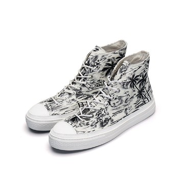 微瑕疵清倉 椰樹涂鴉 高幫帆布鞋 漫畫風 休閒鞋