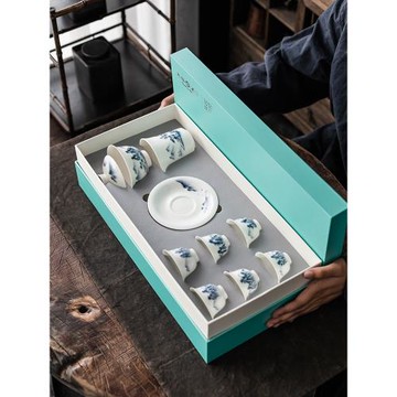 天福彼物青花青巒憶江南蓋碗組整套陶瓷茶具茶杯茶海白瓷家用簡約