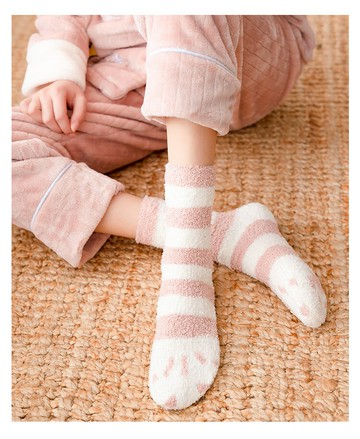 FB4045 日系冬季加厚卡通貓爪珊瑚絨中筒襪 (一組5雙)