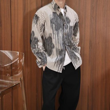 作夢家春秋冬做舊質感印花條紋加厚翻領長袖襯衫男寬松設計感小眾