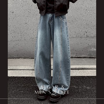 【Algar選品】韓系ins做舊牛仔褲闊腿褲 長褲寬褲 vintage 闊腿 寬褲牛仔褲 仿舊牛仔褲 韓系 百搭 男女