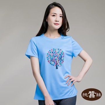 【岱妮蠶絲】透氣舒適休閒女短袖鳳眼蠶絲印花圓領T恤-拼圖花-藍(PWL3BH01)