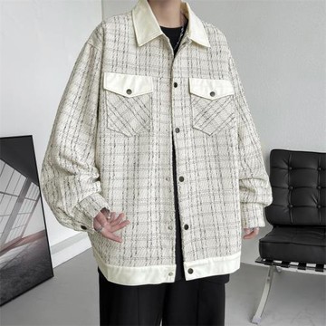 小香風格子外套男春秋新款男生翻領夾克休閑帥氣寬松上衣春裝衣服