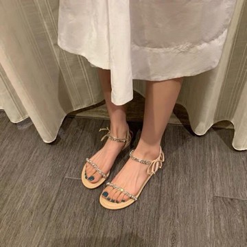 水鉆涼鞋女露趾21新款夏季一字扣仙女風綁帶法式時裝網紅~ins女鞋