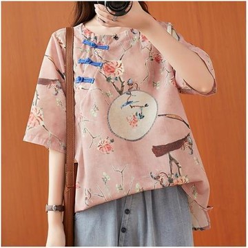 BRIGA LLA9765設計師款裝娃娃衫短袖寬鬆復古氣質盤扣碎花襯衫 兩件組