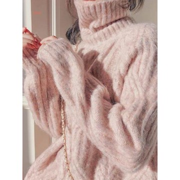 正品哥家新款秋冬寬松慵懶風高領加厚粉色麻花中長款針織衫毛衣女