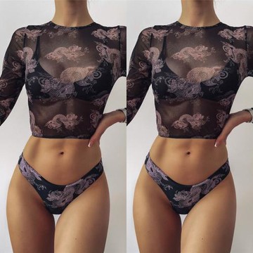 2021新款歐美龍紋網紗罩衫三件套女士分體泳衣性感沙灘bikini泳裝