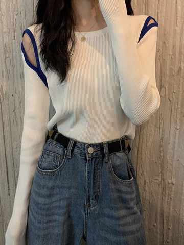 早秋2021年新款打底毛衣春秋設計感小眾心機露肩長袖針織衫上衣女