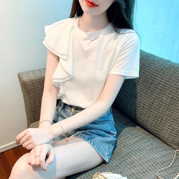 短袖t恤小眾設計感女裝2024新款潮夏季不規則荷葉邊氣質別致上衣