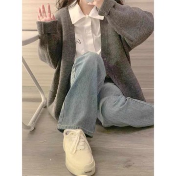 灰色軟糯慵懶風毛衣開衫女2025春秋季新款韓系高級感V領針織外套