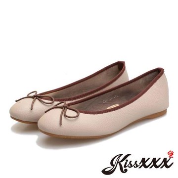 【KissXXX】娃娃鞋 圓頭娃娃鞋/可愛蝴蝶結荔枝紋皮革圓頭淺口芭蕾娃娃鞋(米)