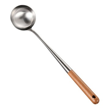 不銹鋼大湯勺 食品級304不鏽鋼 邊緣打磨光滑 升級加長沙比利木手柄  43 x 9 cm  木柄 棕色+銀色  1支