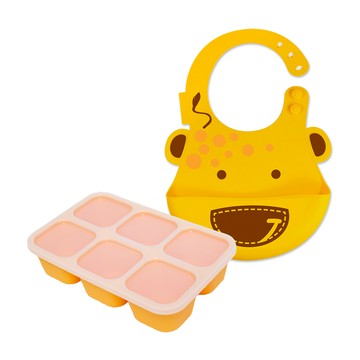 MARCUS＆MARCUS - 萌寶快樂用餐組(造型圍兜+分裝盒)-黃長頸鹿