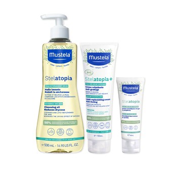 舒恬良1洗2抹3強化乾肌洗護組(舒緩沐浴油+滋養益膚柔舒霜(有機)150ml/300ml任選+柔舒面霜) (無香精)｜舒恬良｜慕之恬廊Mustela【乾癢肌/嬰兒沐浴乳/保濕乳液/保水補油/媽媽好神/張棋惠推薦】