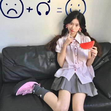 【砂糖夢境】韓系學院風套裝條紋短袖襯衫上衣女夏季高腰灰色半身裙短裙兩件套